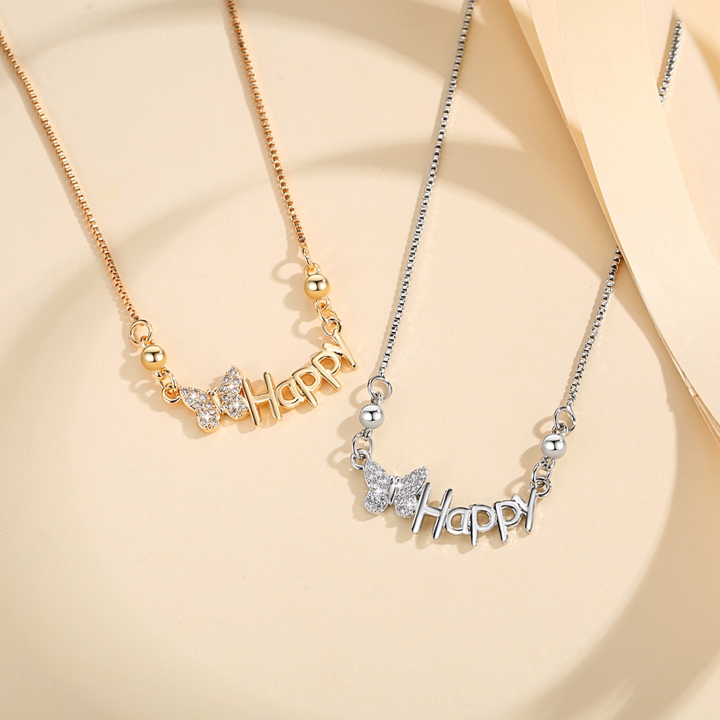 Y962 【Barang spot】Kalung Titanium Kupu Emas 18k Berlian Cantik Anti Karat Happy Liontin Korea Perhiasan Wanita