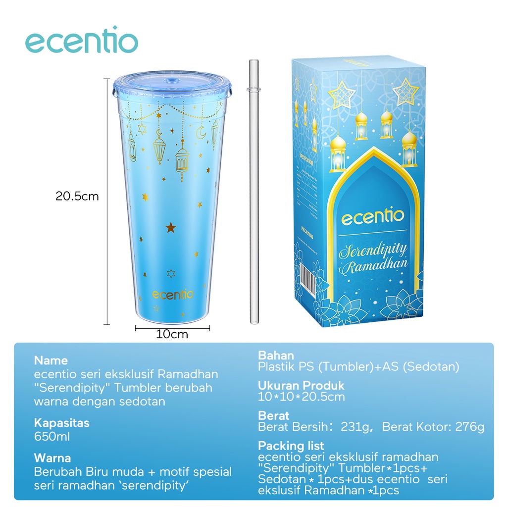 ecentio Serendipity Tumbler Kopi 650ml Dengan Sedotan Dan Tutup Anti Bocor Botol Minum Mug Cup Plastik Water Bottle Coffee Souvenir Hadiah