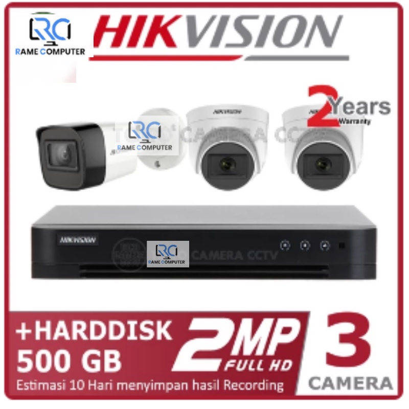 PAKET CCTV HIKVISION 2MP 4 CHANNEL 3 KAMERA HDD 500GB