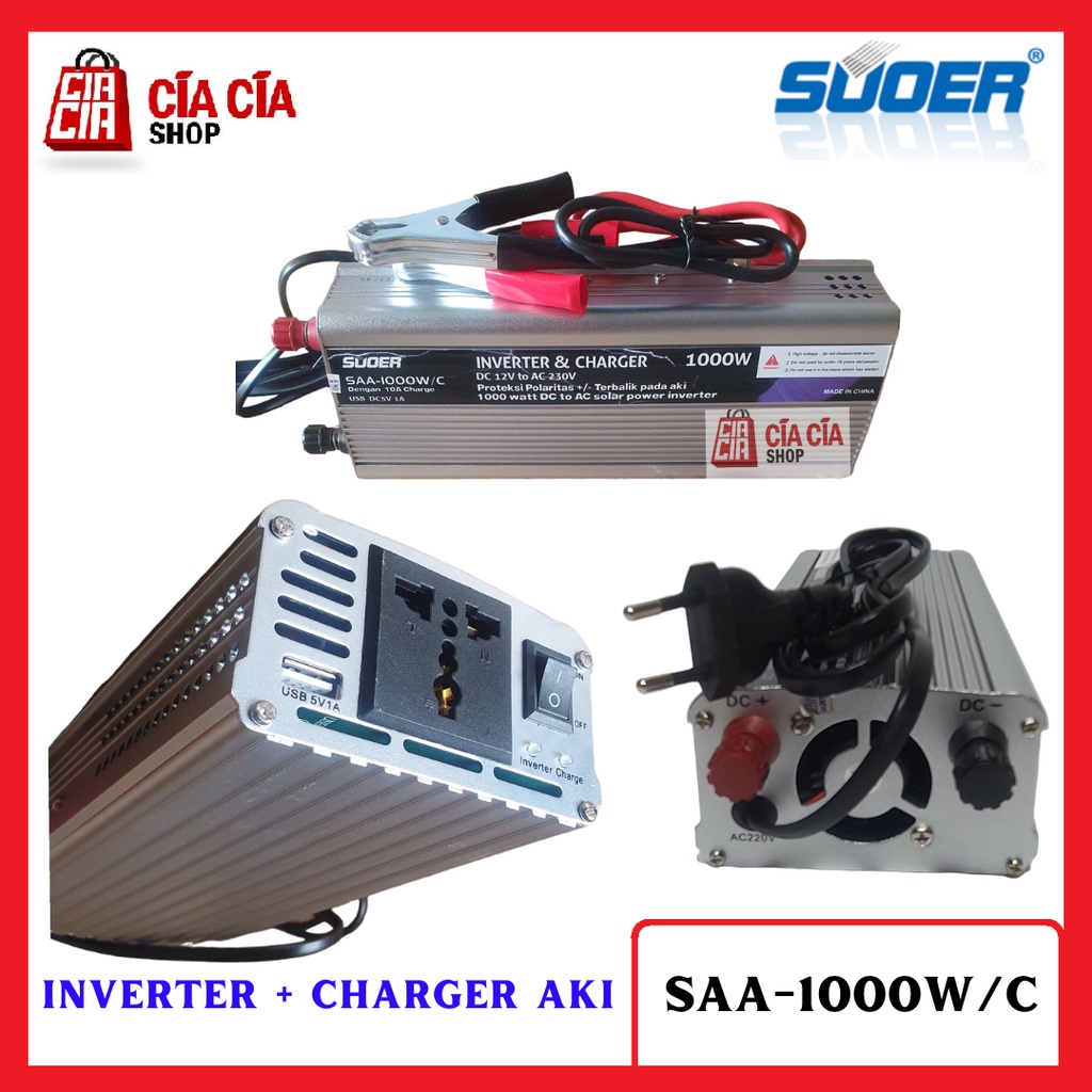 Suoer Inverter 1000W Plus Charger 10A Charger Aki SAA-1000W/C Power Inverter 1000 Watt Charger Aki 10A