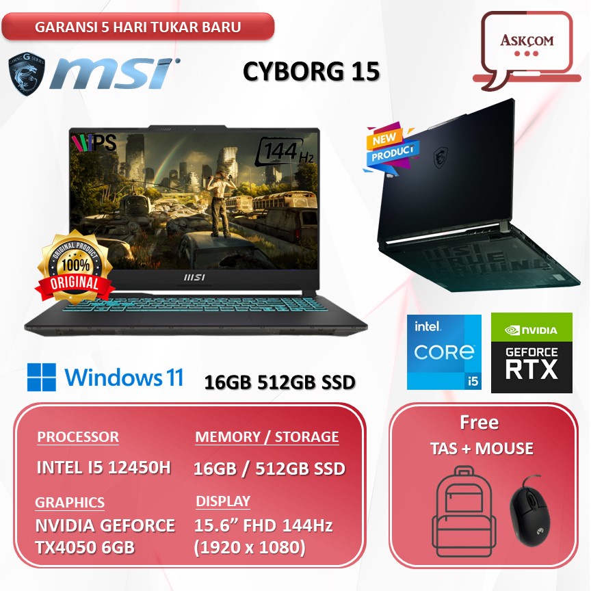 Laptop MSI CYBORG 15 RTX4050 6GB I5 12450H 16GB 512GB SSD W11 15.6FHD 144HZ BLIT A12VE.075