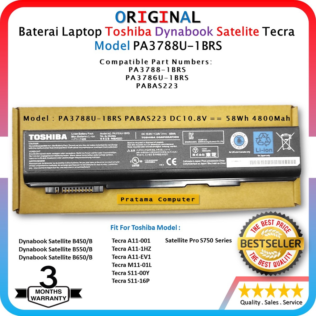 [ORIGINAL] Baterai Laptop Toshiba Dynabook Satellite B450/B B550/B B650/B Seies Model PA3788U-1BRS