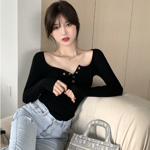 EUNII Korea Style Lengan Panjang Atasan Crop Top Desain Kancing Gaya Baju Atasan Wanita