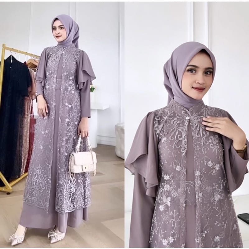 Gamis Muslim Wanita Kondangan Mewah Polos Kombinasi Brokat Tile Gamis Dress Pesta Gamis Lebaran Mode