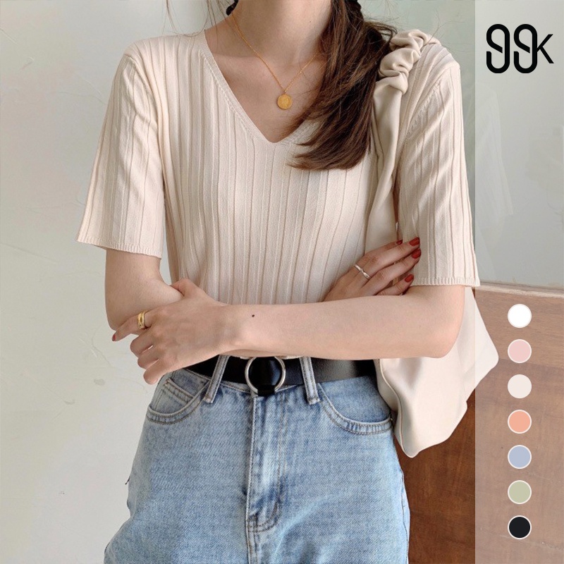 Korean V-Neck Oversized T-Shirt Wanita Rajut Lengan Pendek 2168