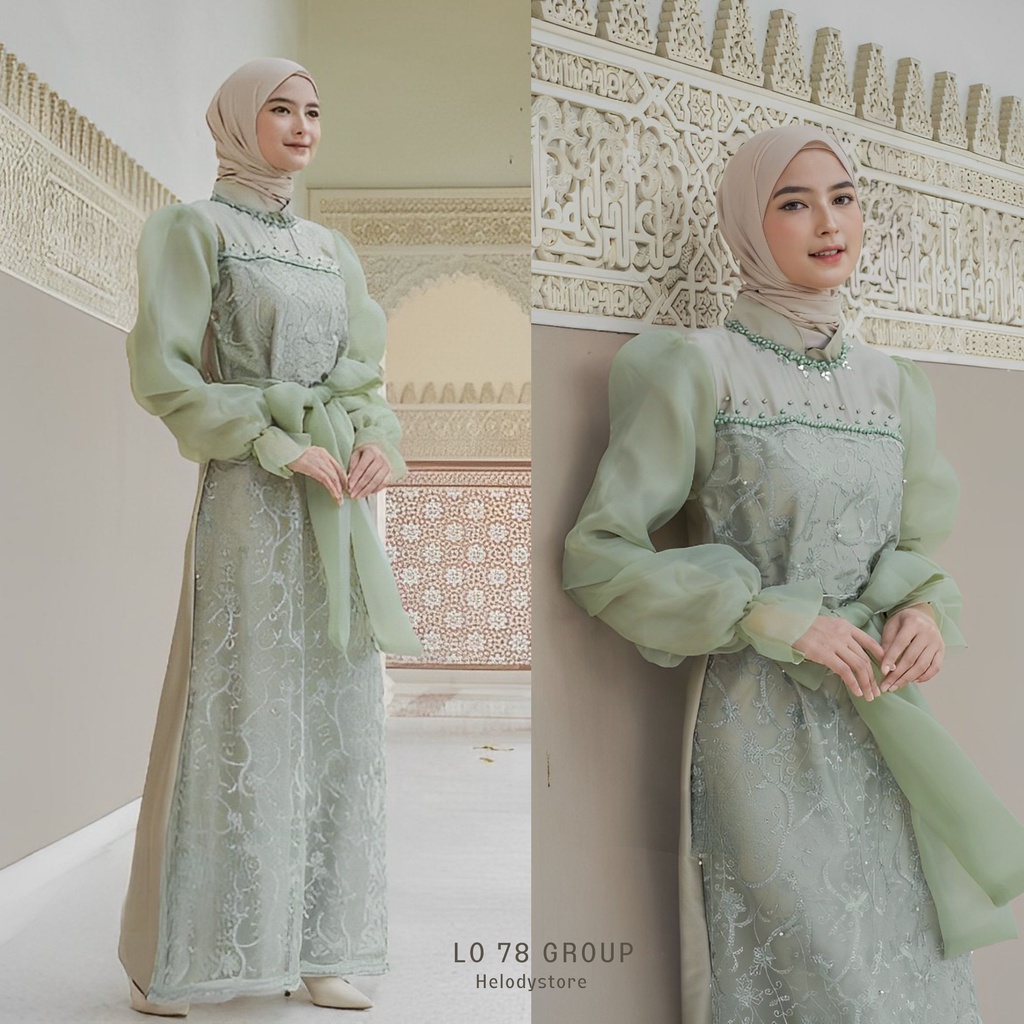 Gamis Terbaru Ratu Dress Maxi Brukat Kombinasi Tille Tutu Baju Pesta Kondangan Lebaran Kekinian Ready Jumbo Ld 120 Sage Green