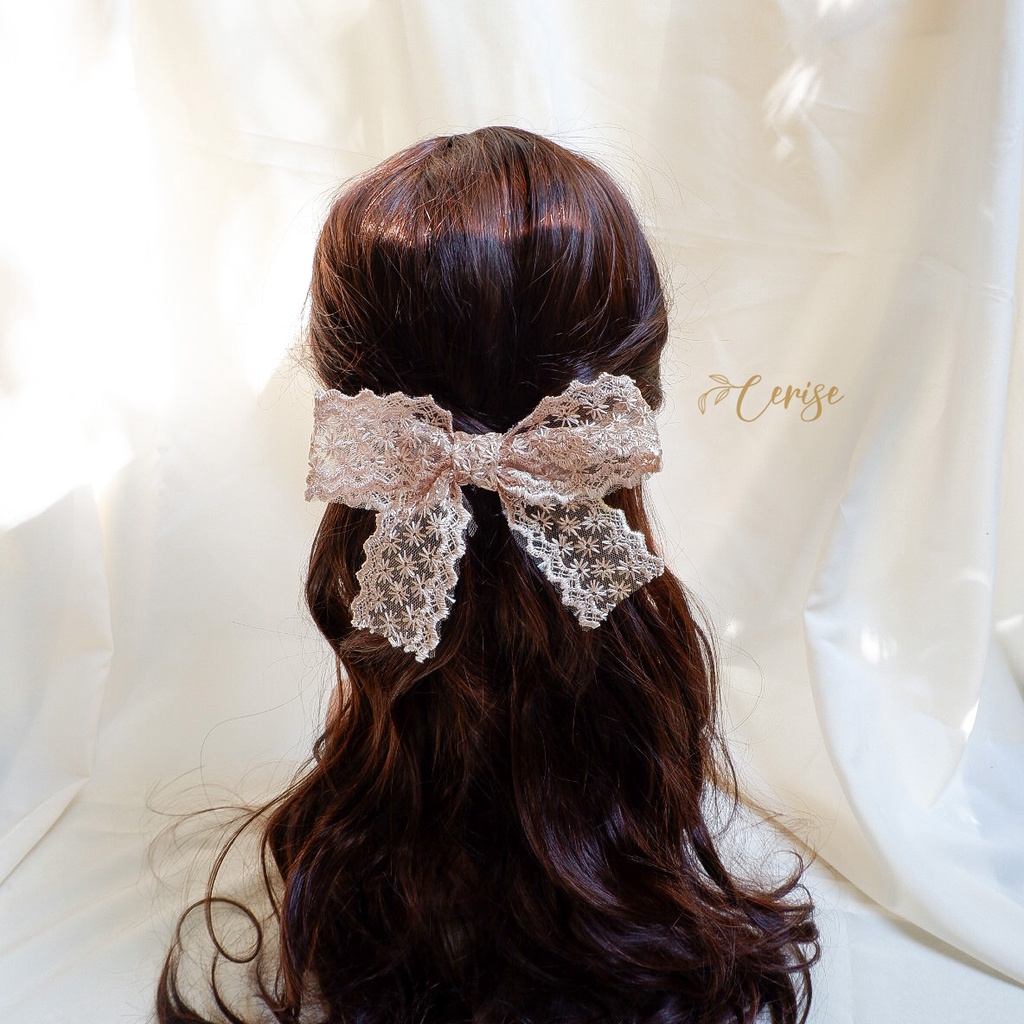 Emiko Hairpin | Jepit rambut pita lace korea hitam, coklat, cream untuk anak dan wanita dewasa cantik manis