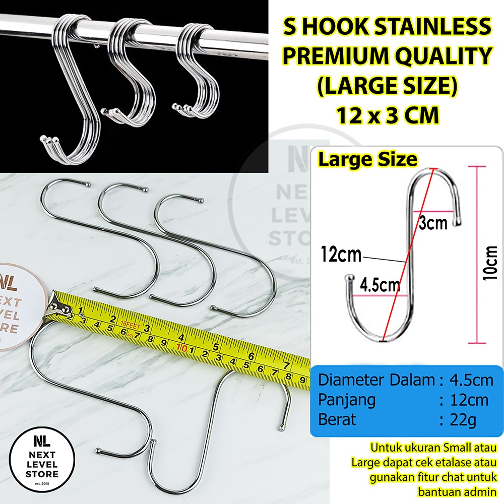 S Hook Stainless Gantungan Serbaguna Cantolan Hanger Pengait Dapur - LARGE 12 cm