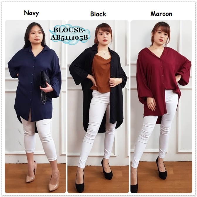 AB511105B Baju Atasan Kemeja Rayon Lengan Panjang Wanita Korea Import Merah HItam Biru Navy Black Ma