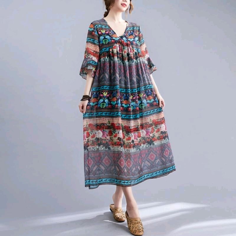 1682 (set INNER ) Baju Mididress longdress FLORAL Midi dress Vneck dres vintage pantai Korea Korean 