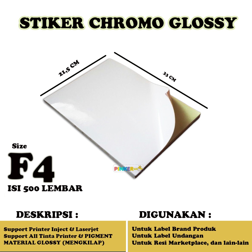 

Kertas Stiker Glossy F4 isi 500 lembar / Stiker Cromo Glossy F4