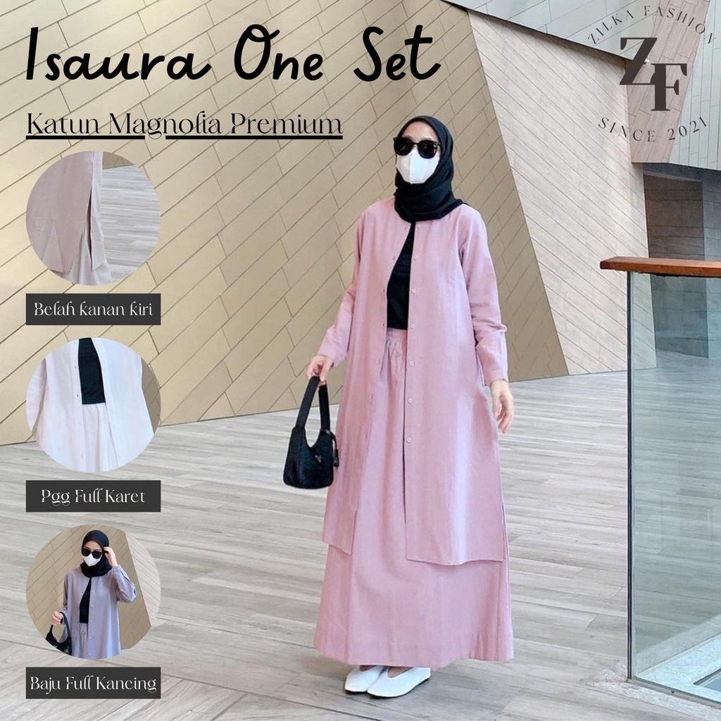 Isaura One Set Tunik + Rok A-Line Memayung Polos Wanita Bahan Katun Magnolia Premium Adem Tidak Mene