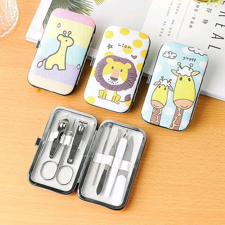 Gunting Kuku Set Stainless Steel Warna Hitam Manicure Pedicure Original Bayi Kucing Cantengan Miring Murah 7 in 1 Dompet Motif