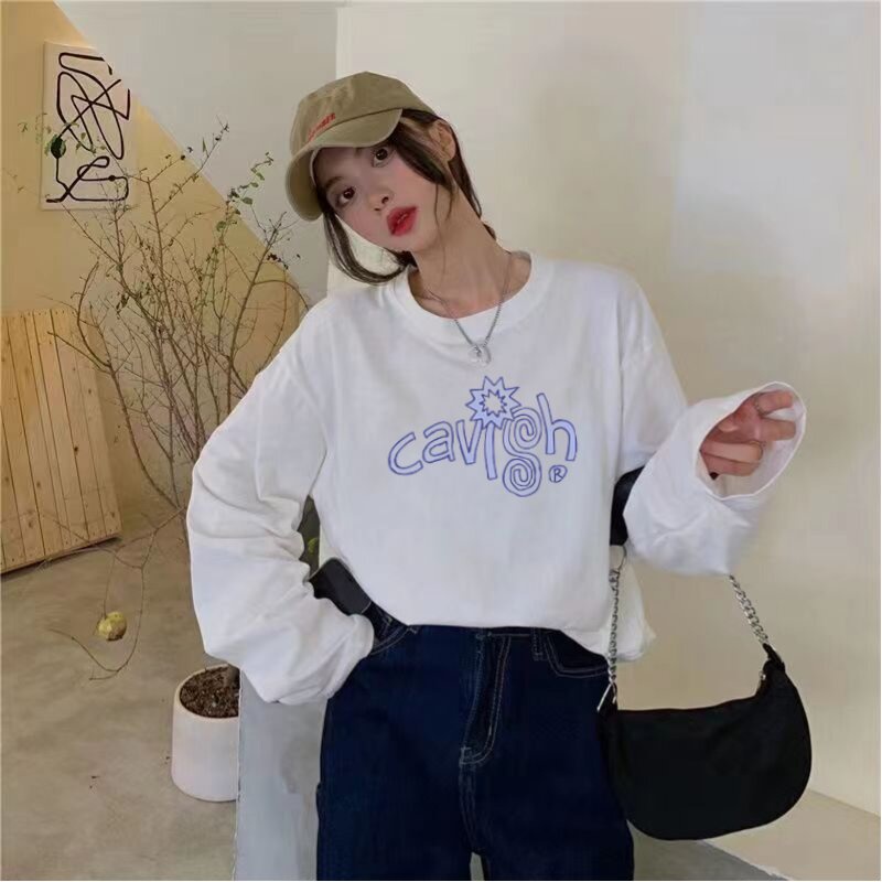 Kaos Katun Wanita Print Lengan Panjang Crewneck Wanita Top