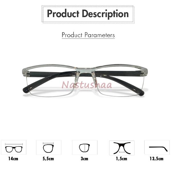 Kacamata Baca Plus (+) Model Semi Rimless Transparan Gagang Hitam Tersedia Uk. +1.00 s/d +3.00 Kacamata Rabun Dekat Untuk Pria dan Wanita NOCASE