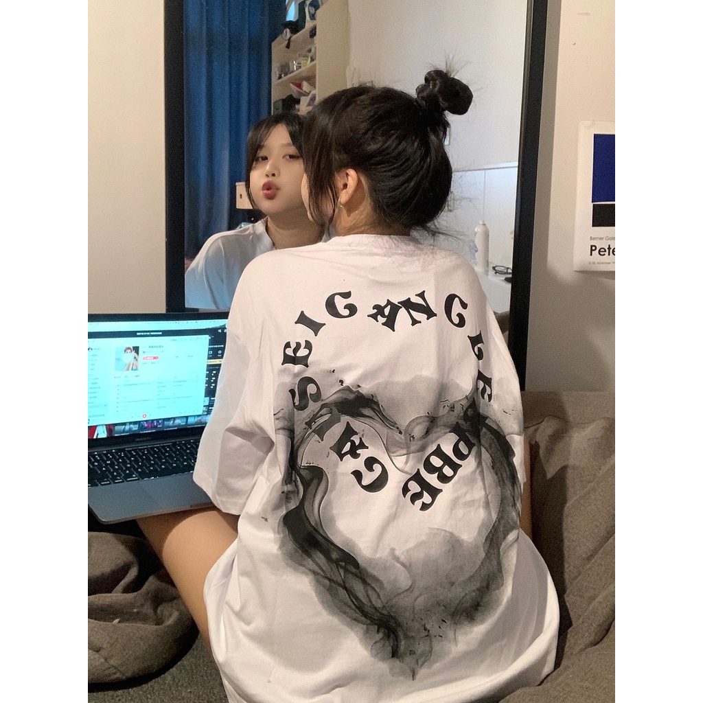 kemeja oversize wanita lengan pendek heart graffiti print T-shirt import kaos wanita korean style premium kaos hitam ootd