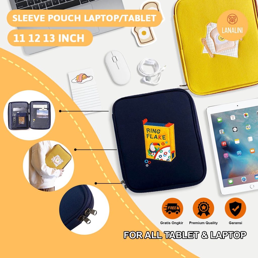 Sleeve Pouch Sarung Tas Bag Case Ipad Tab Tablet Macbook Air Pro Laptop Asus Acer Lenovo HP Huawei 11 12 13 14 15 inch Motif Gambar Egg Bird Burung Woodpecker Flakes Warna Kuning Biru Navy Lucu Cute Murah Korean Model Banyak Slot Ruang Stationary