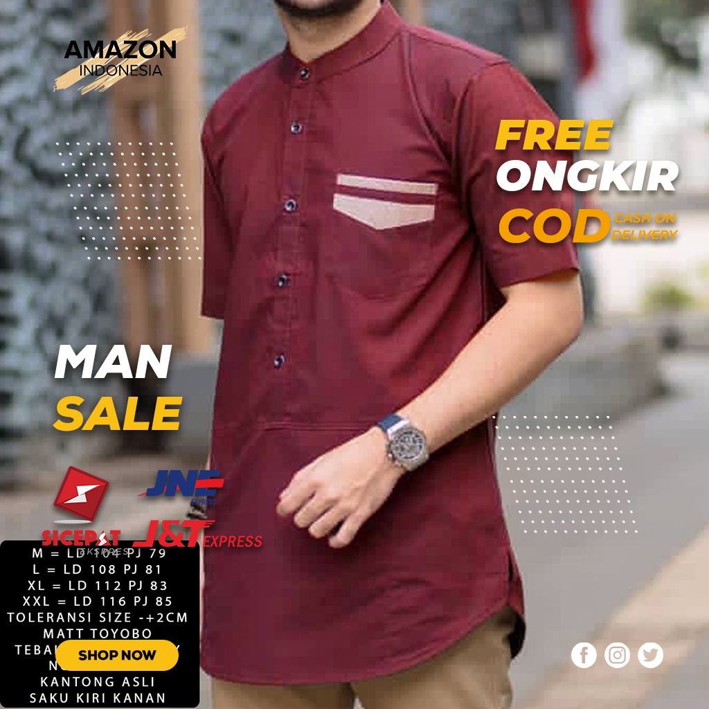 Baju Koko Kurta Dewasa Lengan Pendek Warna Maroon Material Catton Toyobo Adem Serap Keringat