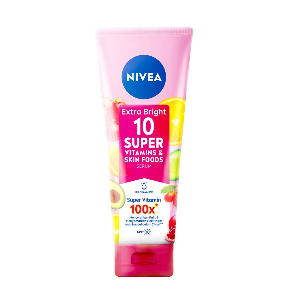 NIVEA Extra Bright Body Serum 10 Super Vitamin &amp; Skin Food + Niacinamide SPF15 180mL | Menyamarkan Flek Hitam dalam 7 Hari