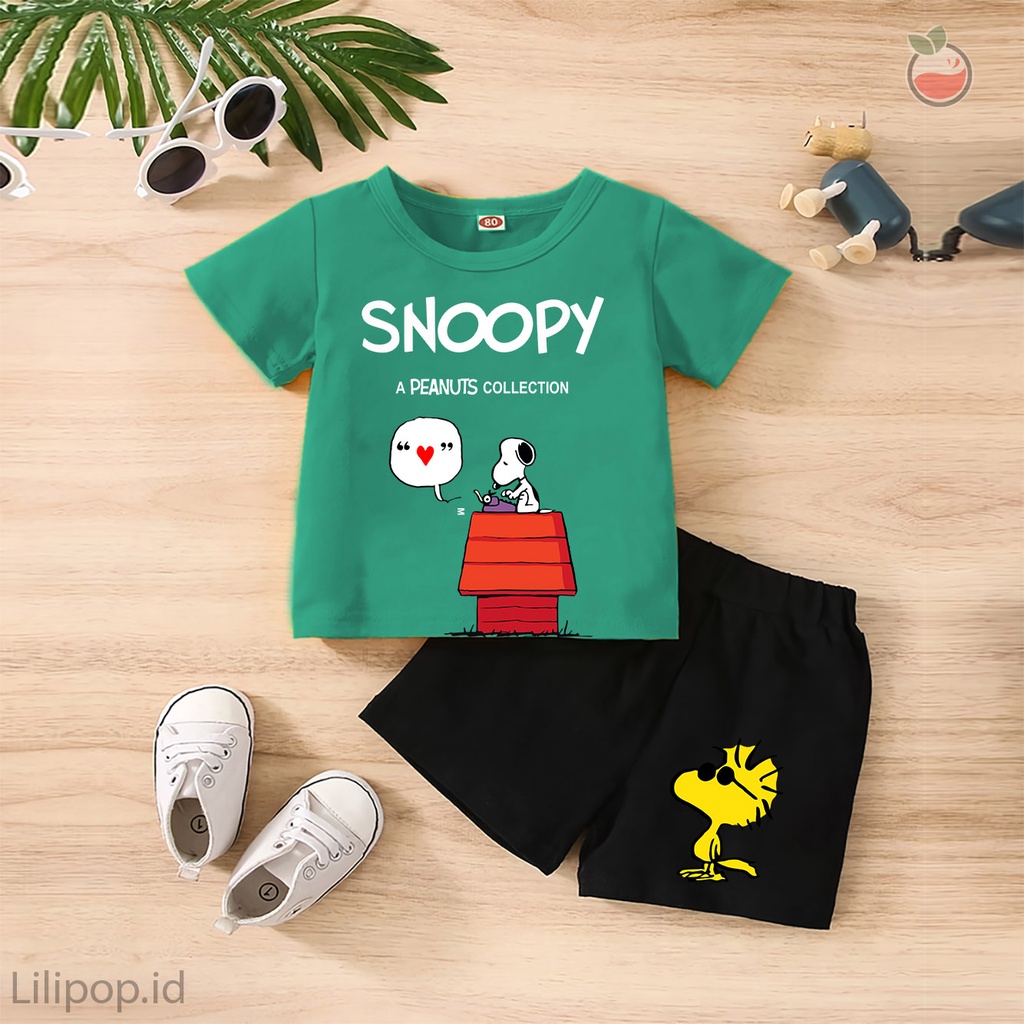 Baju Anak Stelan Kaos 3/4  SNOOPY Cowok Cewek  Usia 1 - 4 Tahun Celana Pendek Harian