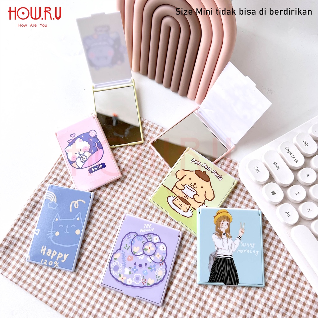 HOW.R.U | Cermin Lipat Mini Korea Warna Pastel Motif Karakter Lucu