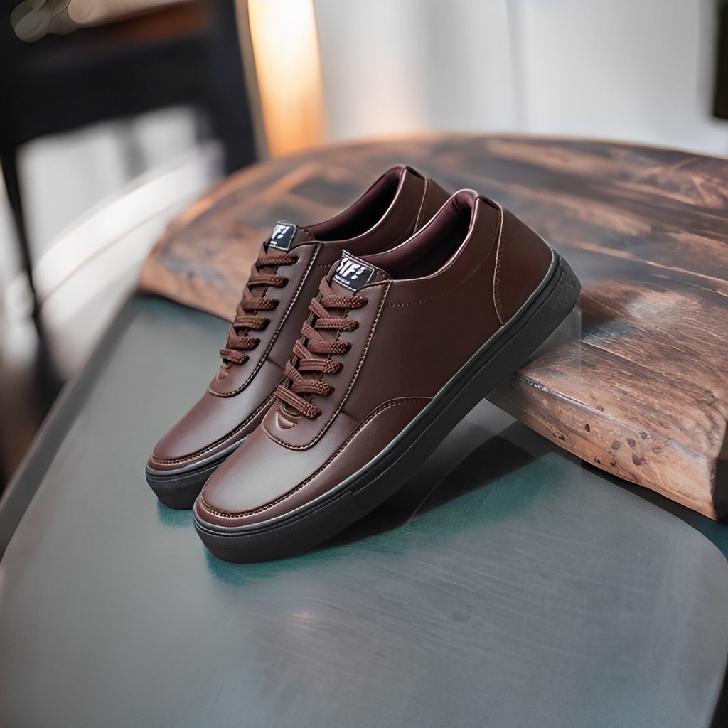 FATIMAHSHOES - Sepatu Sneakers Kasual Pria Kulit Pu Kerja Coklat