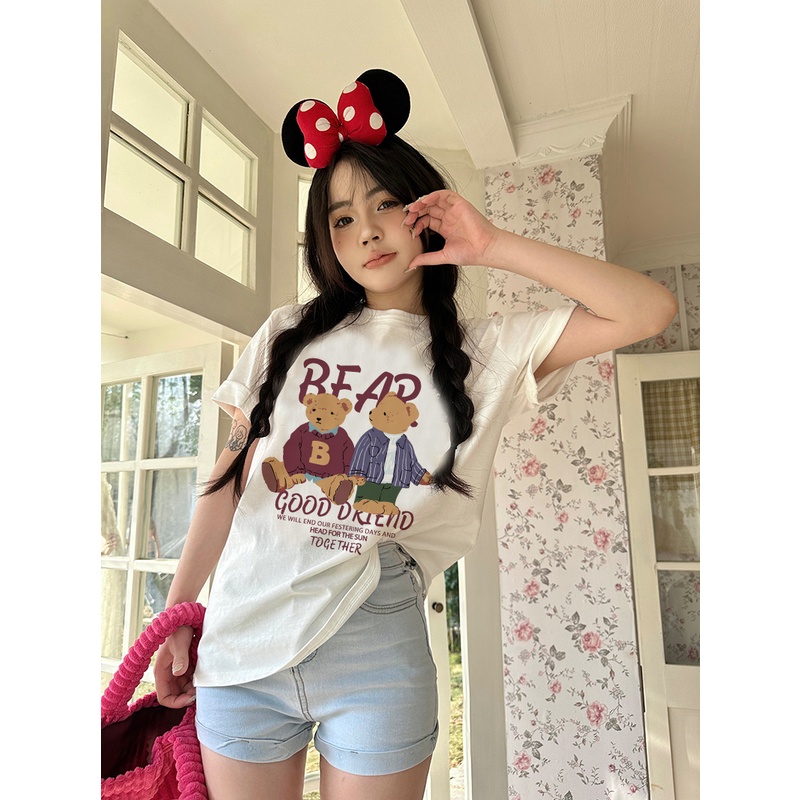 EUNII T-shirt Lengan Pendek Cartoon Red Plush Bear Korean Style/Kaos Atasan Wanita/Baju Kaus Oversize Wanita/Kaos Wanita