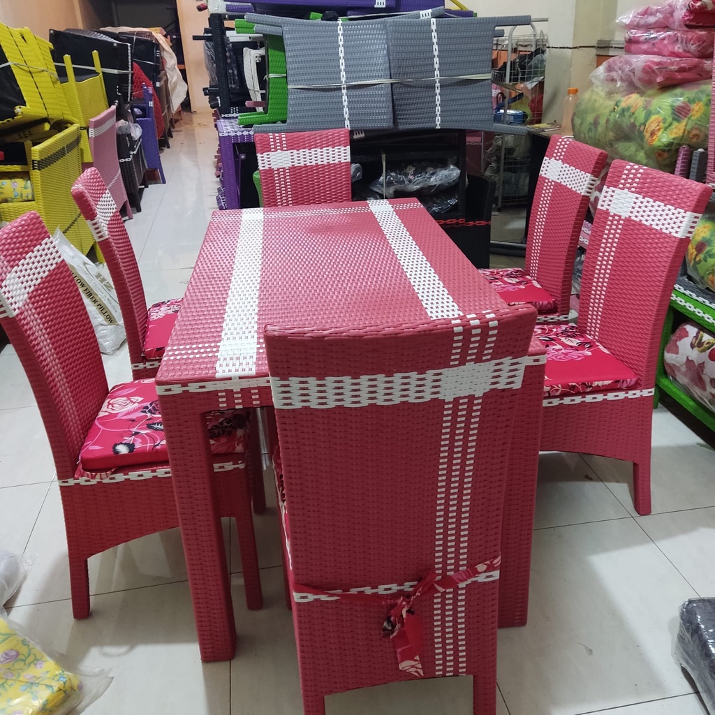 Meja Kursi Plastik Rotan Sintesis Set/ Kursi Makan/ Meja Set - 1 M + 6 K