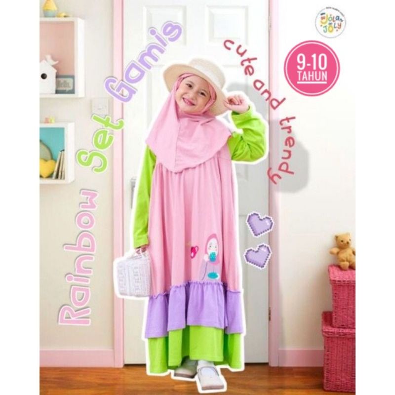 Set Gamis dan Jilbab Rainbow Anak Perempuan Jola Joly Size 8-10 Tahun