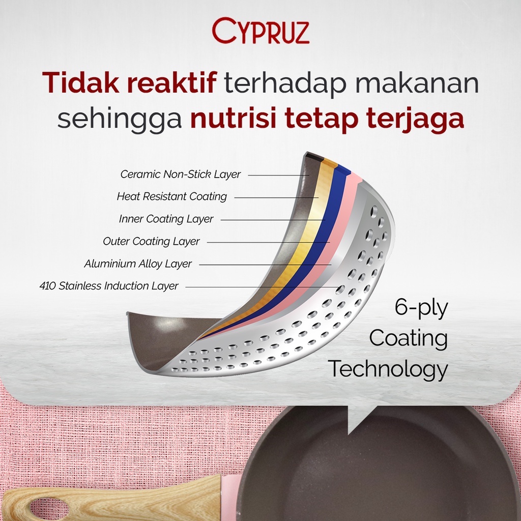 Cypruz Pink Ceramic Series Gagang Putih Kayu Fry Wok Pan