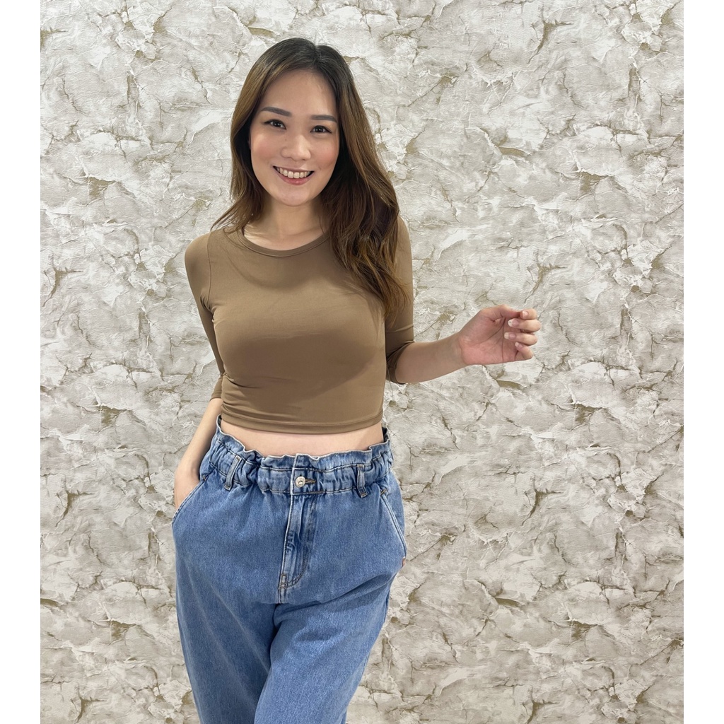 MODAVIE - ELSA Kaos Casual Plain Short Sleeve Crop Top 3/4 Baju Wanita