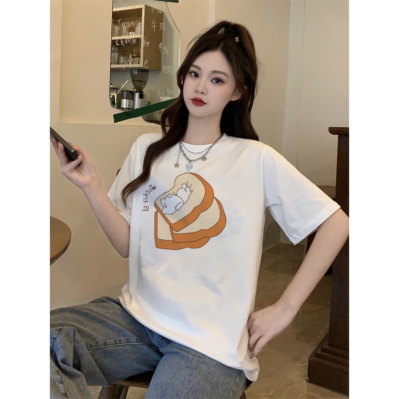 XIAOZHAINV Kaos Atasan Wanita Bunny Pressed Bread Pattern Lengan Pendek A0385