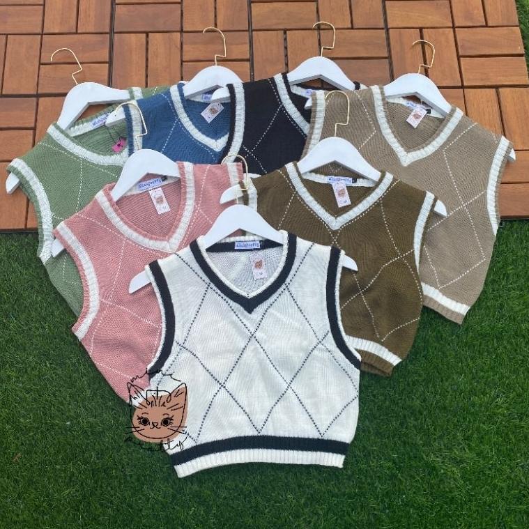 LANGSUNG KIRIM Vest Preppy Crop / Rompi Rajut Argyle Plaid