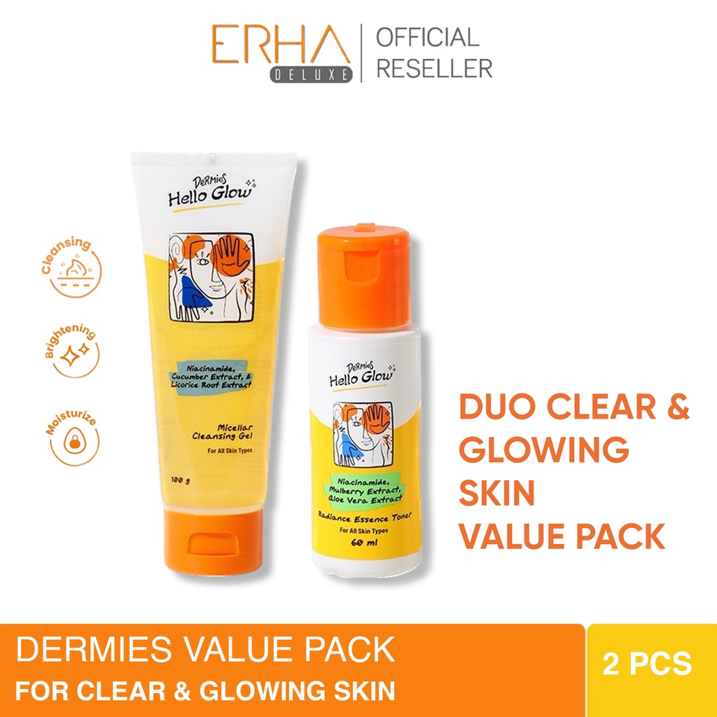 DERMIES Clear &amp; Glowing Skin! - Micellar Gel dan Essence Toner Wajah Pencerah