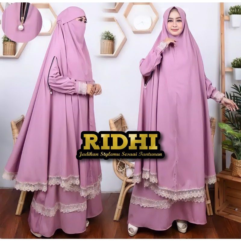 (Dusty Pink) Set Setelan Gamis Malaika lengan khimar Resleting Bolong Roundhand zipper Renda free ca