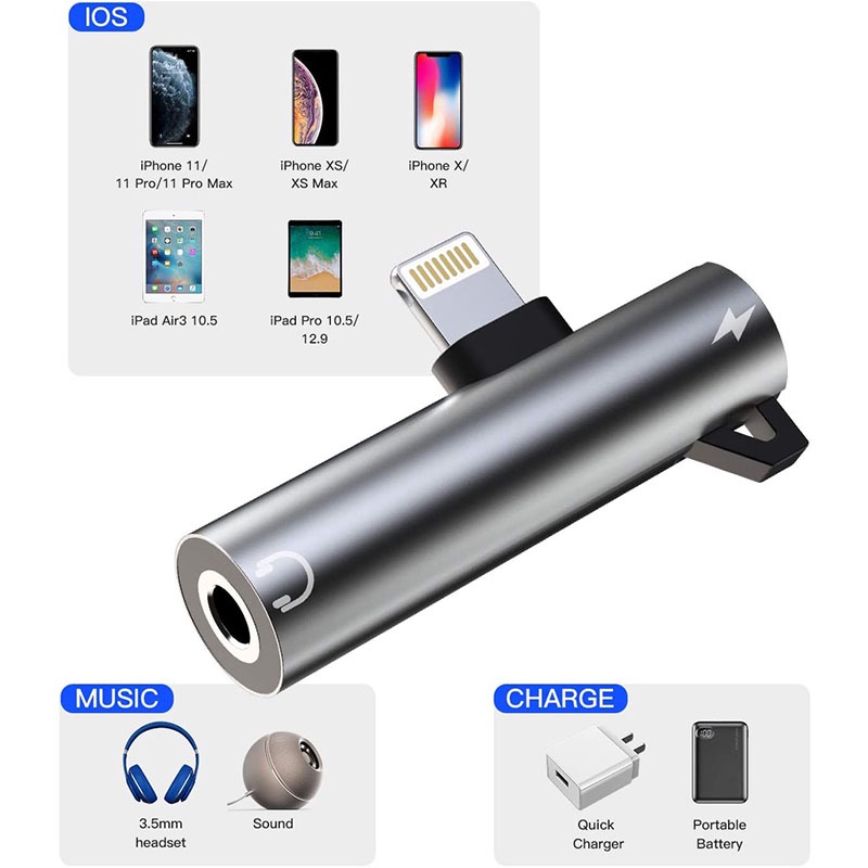 Splitter Adapter 2in1 Lightning To Headphone Jack 3.5mm Adapter Dual Audio Connector Phone 6 7 8 Plus