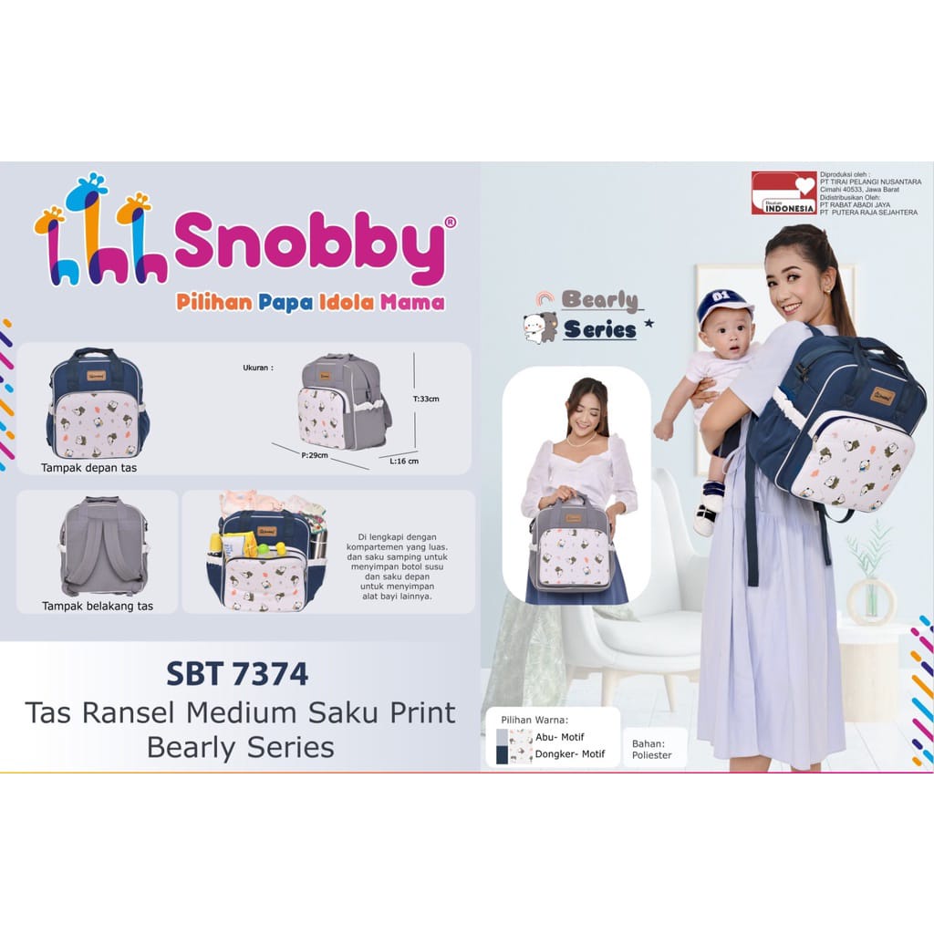 Snobby Tas Ransel Bayi Medium Saku Print Bearly Series - SBT 7374