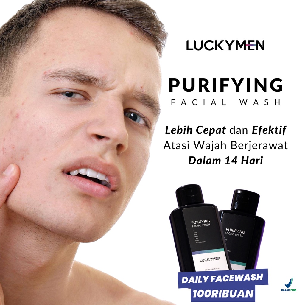 Sabun Muka Menyembuhkan Mencegah Membersihkan mengurangi Meredakan jerawat kemerahan Iritasi Minyak belebih Kotoran Noda Pori Pori Kulit Wajah Luckymen Purifying Facial Wash Skincare pria Ampuh Original BPOM