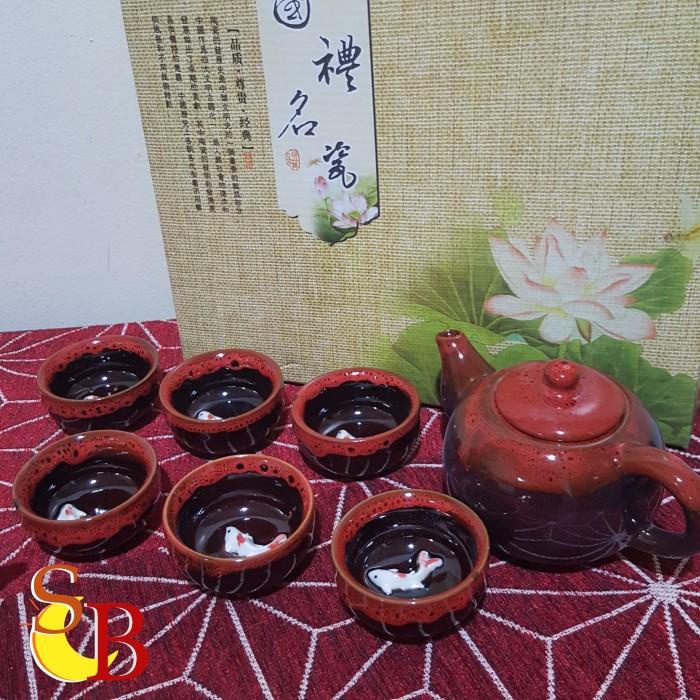 Chinese Tea Set Keramik Ikan Koi Teko Plus 6 Cangkir Teapot Cup