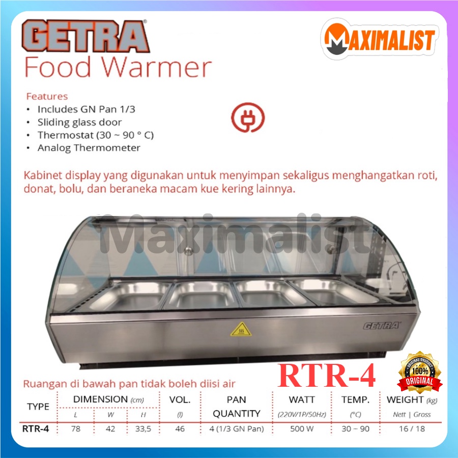 GETRA RTR-4 STAINLESS STEEL FOOD WARMER / Showcase Penghangat Makanan Portable Listrik Tanpa Api / S