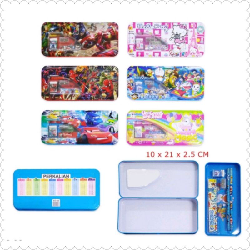 

Tempat pensil hello kitty, unicorn, spiderman, cars + isi alat tulis / Kaleng pensil 2 susun set alat tulis karakter