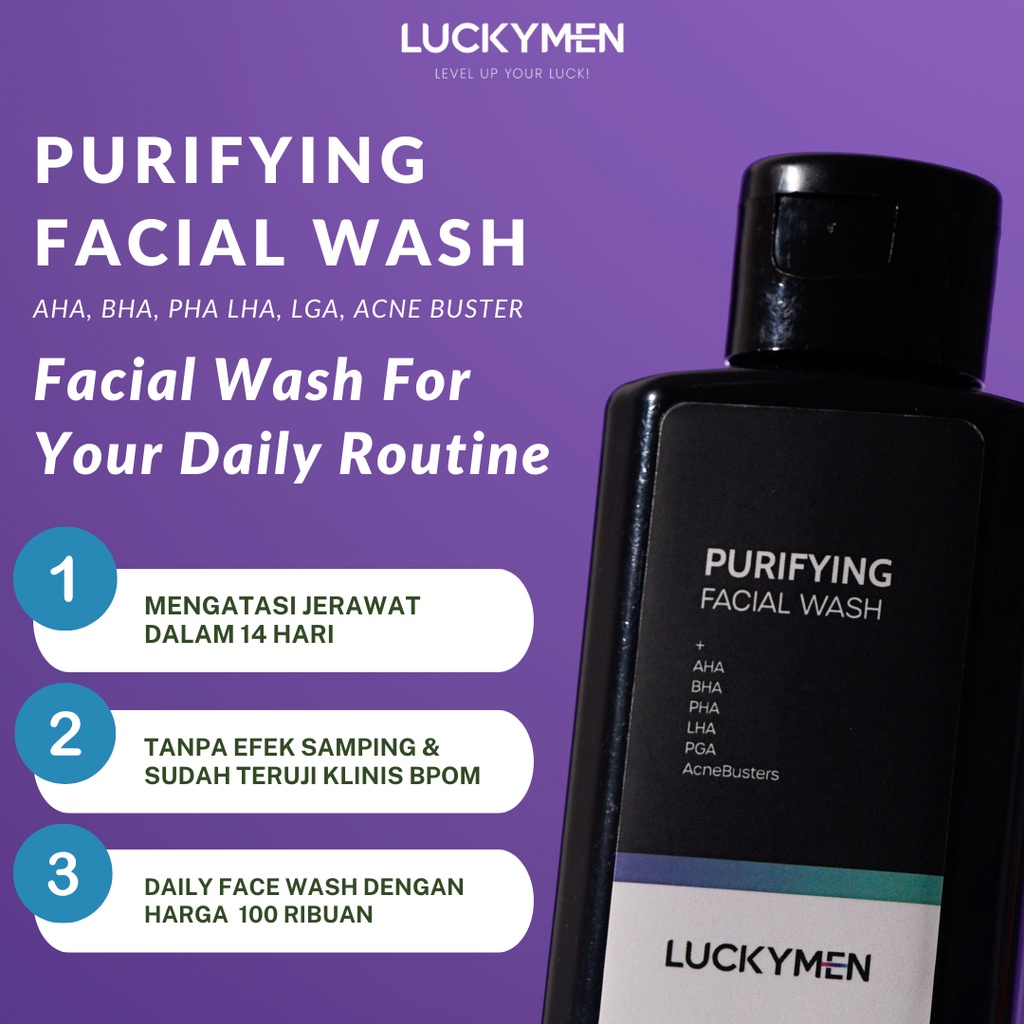 Sabun Muka Menyembuhkan Mencegah Membersihkan mengurangi Meredakan jerawat kemerahan Iritasi Minyak belebih Kotoran Noda Pori Pori Kulit Wajah Luckymen Purifying Facial Wash Skincare pria Ampuh Original BPOM