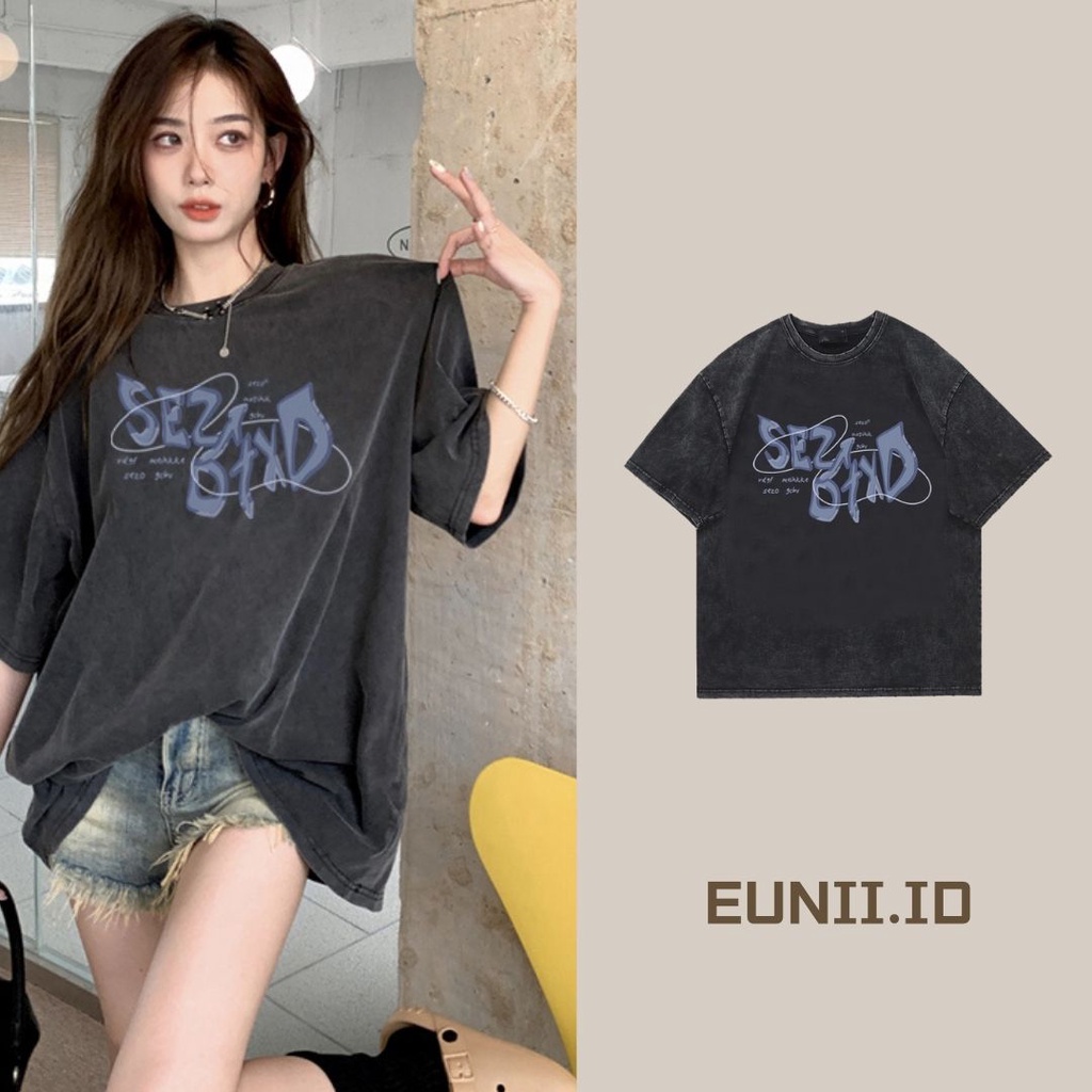 EUNII T-shirt Lengan Pendek Black Washed Retro Purple English Printing Korean Style/Kaos Atasan Wanita/Baju Wanita