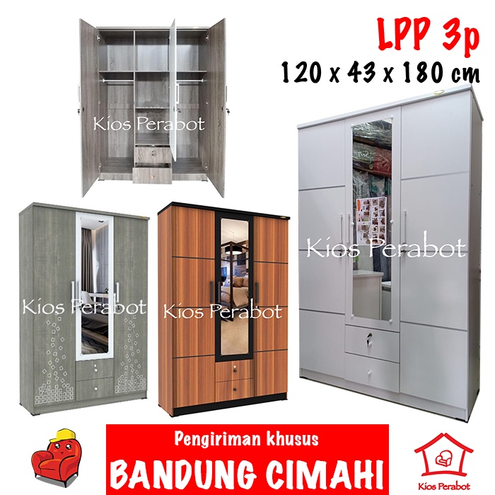 Lemari pakaian 3 pintu kaca panjang, 2 laci, gantungan / lemari kayu / lemari baju