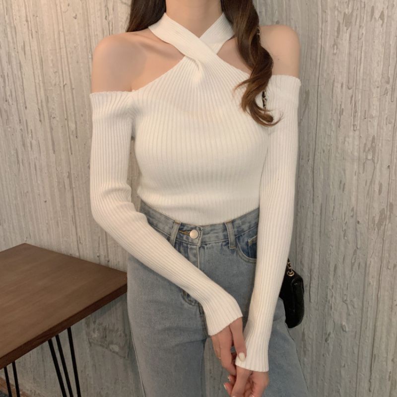 KNIT AVERYL ALAIA TOP KNIT ATASAN RAJUT WANITA Knitwear Fashion Korean Crop Long Sleeve Halterneck Knit Top Atasan Korean Style Wanita