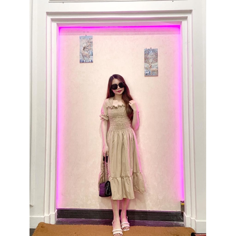 RD FASHION - SMOCKED DRESS / Gaun musim panas kasual baru Lengan pendek smocked dress lipit bunga dengan dasi belakang / gaun kasual A-line gaun smocked berlipat bunga lengan pendek-COKSU POLOS