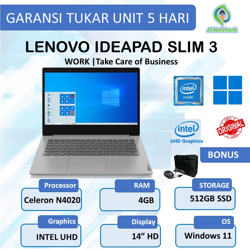 LENOVO IDEAPAD SLIM 3 intel celeron N4020 4GB 512SSD WINDOWS 11
