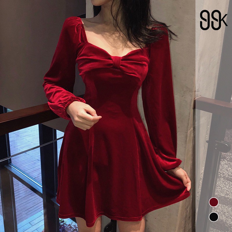 Korean Ribbon Velvet Dress Wanita Pita Beludru 1138 (S-XL)