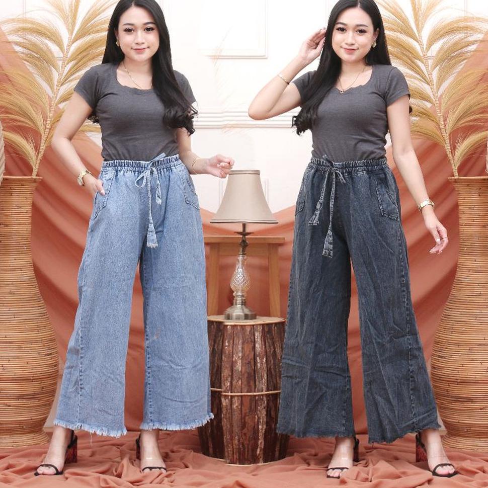 VIRAL Kulot Rawis Jeans Pinggang Karet Snow Blue Celana Jeans Kulot Wanita Kekinian Size M L XL XXL 
