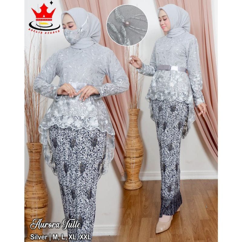 SETELAN KEBAYA AURORA TILLE + ROK PLISKET BATIK DEWASA PANJANG UKURAN JUMBO BAJU KEBAYA WANITA MUSLI